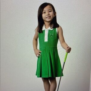 Green Polo-Style Pleated Tennis Kids Dress with White Collar